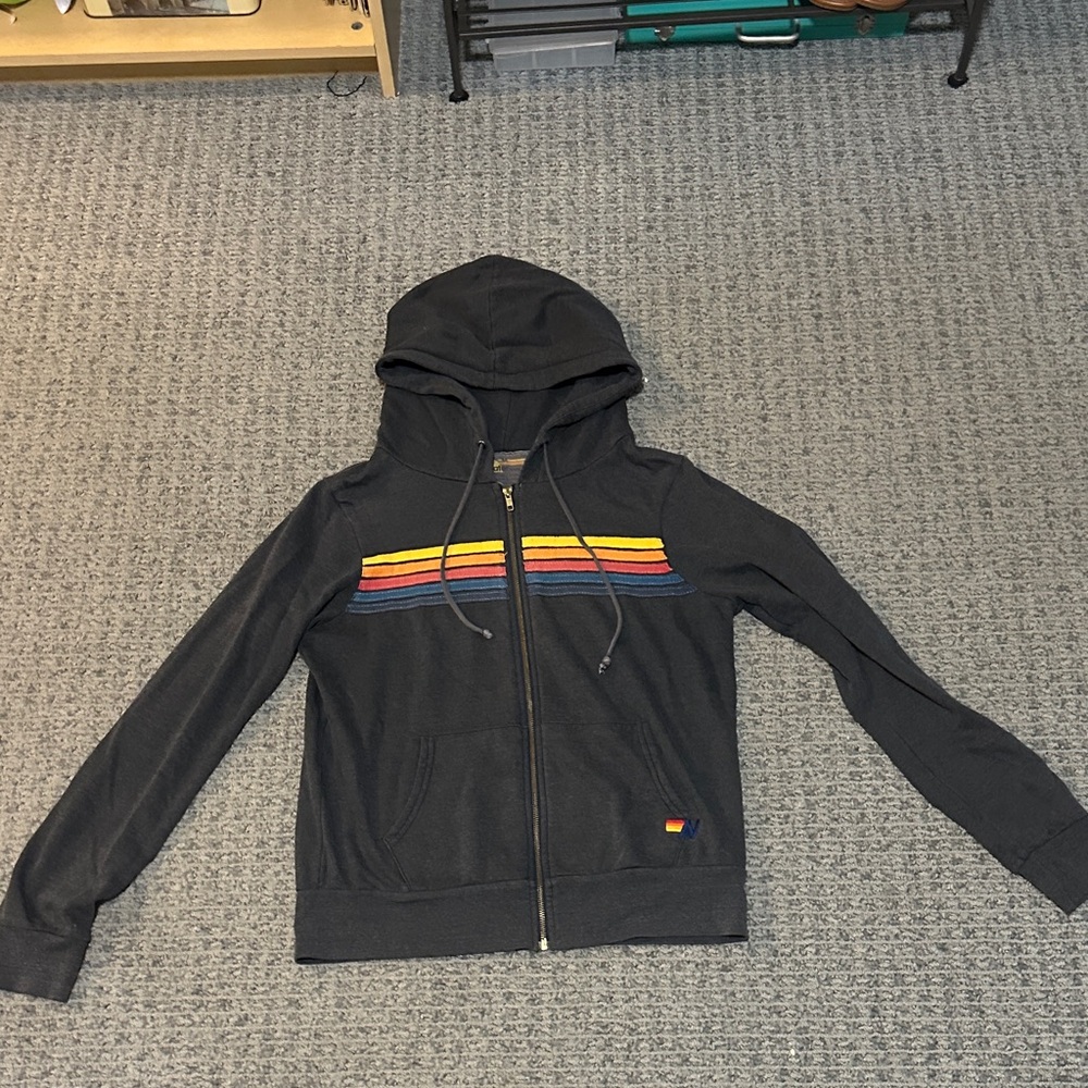 Gray Aviator Nation Hoodie with Rainbow Stripes